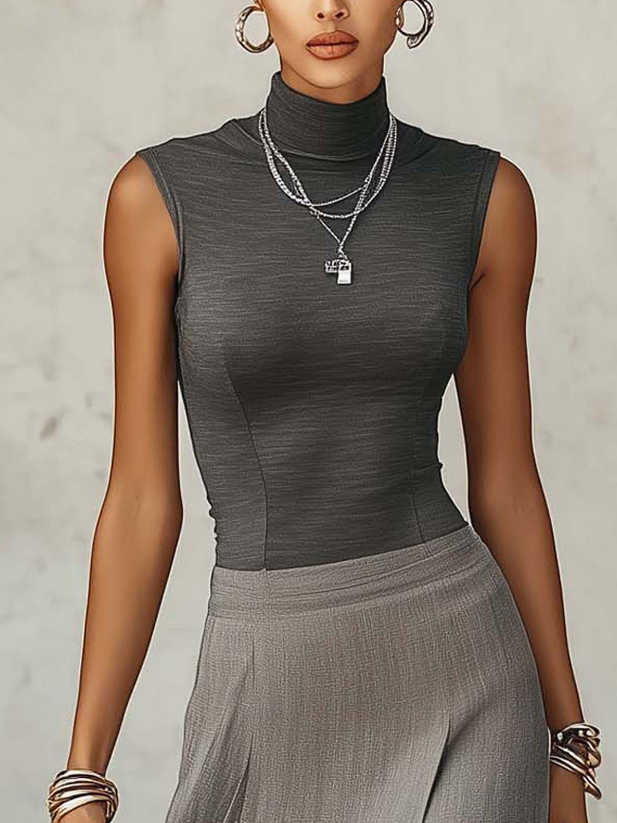 Gray Sleeveless Mock Neck Top And High Slit Maxi Skirt Set With Lace Trim