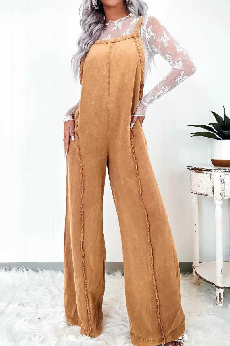Denim Overalls for Women Casual Adjustable Straps Wide Leg Raw Hem Jeans Bib Overalls Jumpsuits