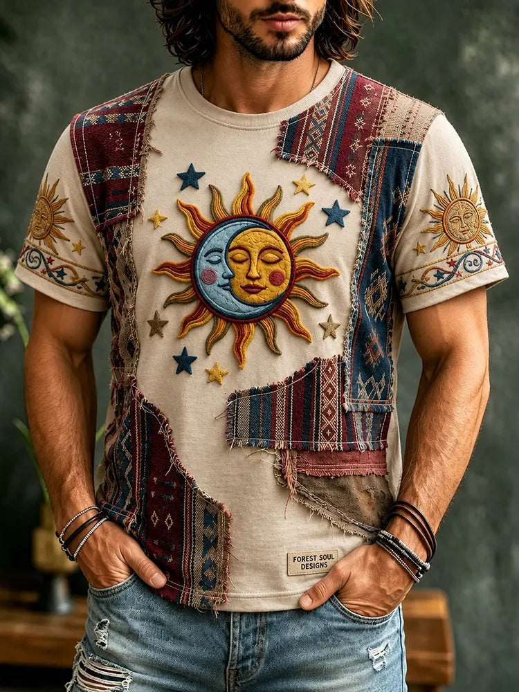Men's Hippie Sun Art Geometric Patchwork Print Casual T-shirt