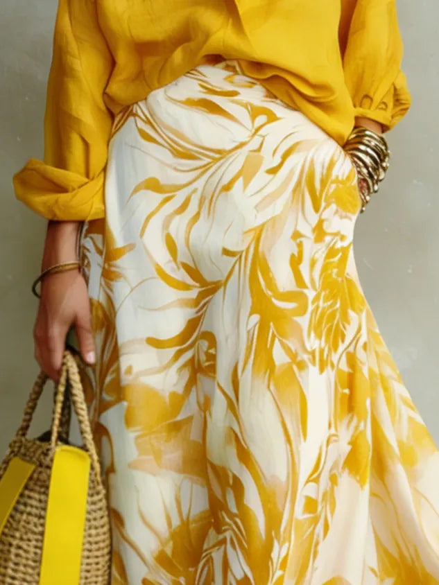 Elegant Printing Botanical Pattern Maxi Skirt