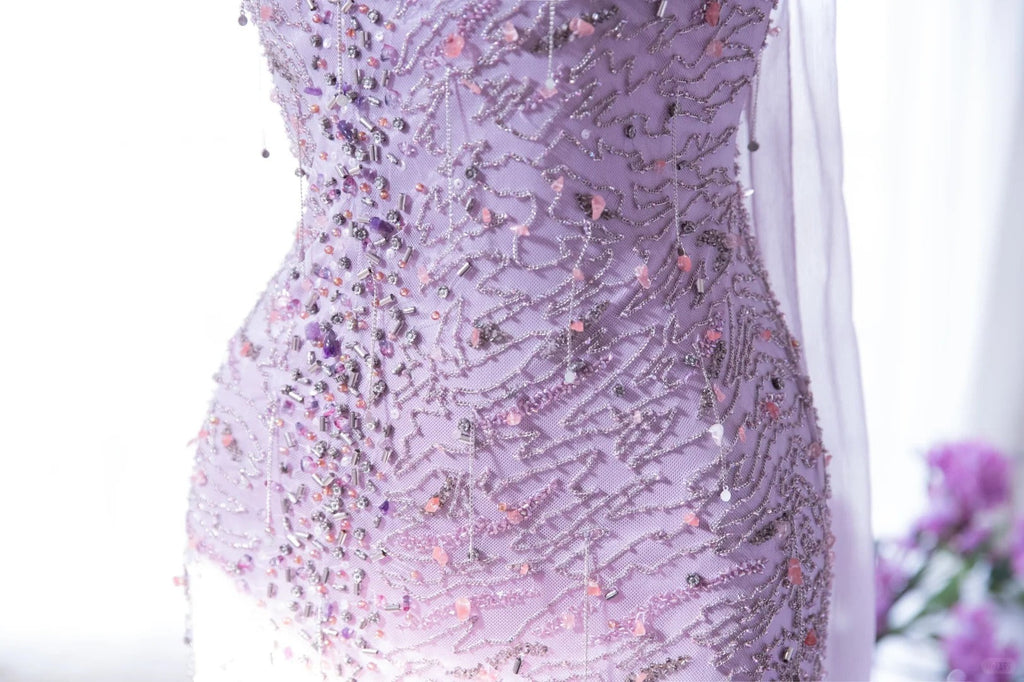 Lit Purple Elegant Romantic Exquisite Beaded Long Chiffon Ball Gown Evening Dress Birthday/Wedding Guest/Holiday Party Dress Prom Dress