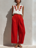 Women’s White Sleeveless Floral Embroidered Linen Top & Red High-Waisted Wide-Leg Pants Two-Piece Set MDZ2803D3T