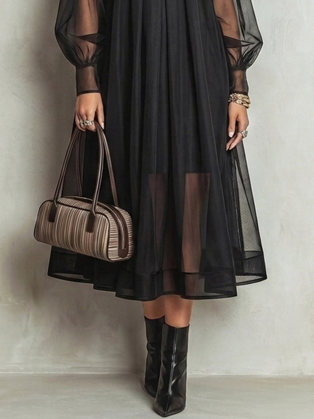 Black Sheer Mesh Overlay Midi Dress