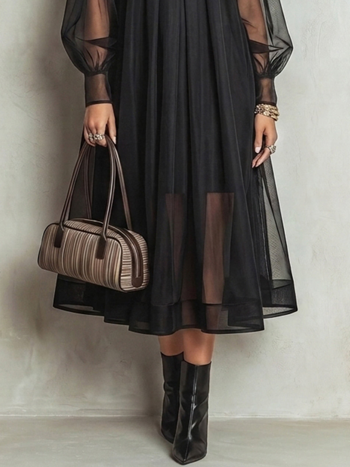 Black Sheer Mesh Overlay Midi Dress
