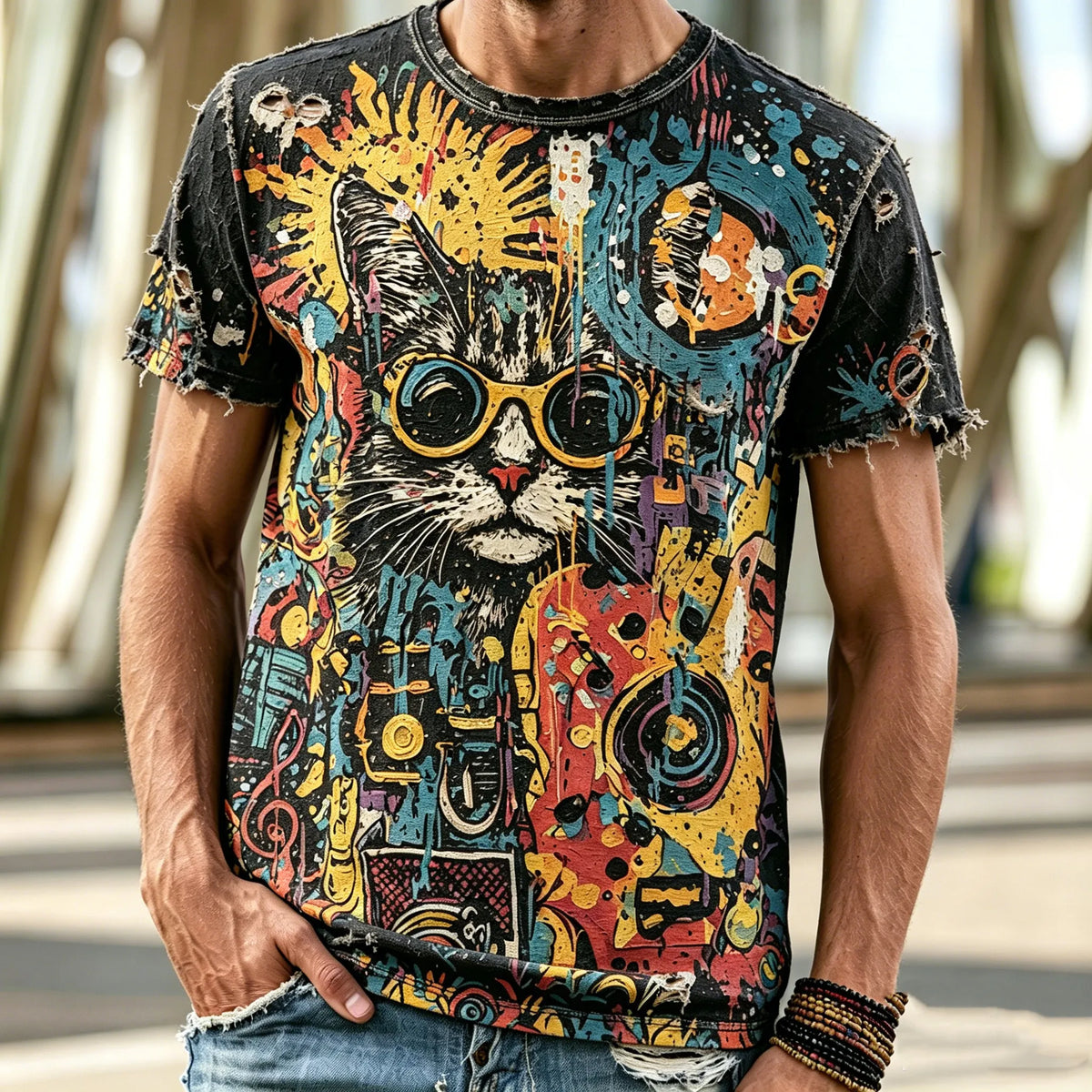 Men's Retro Street Art Hippie Style Cat, Music, And Guitar Graffiti Print T-shirt