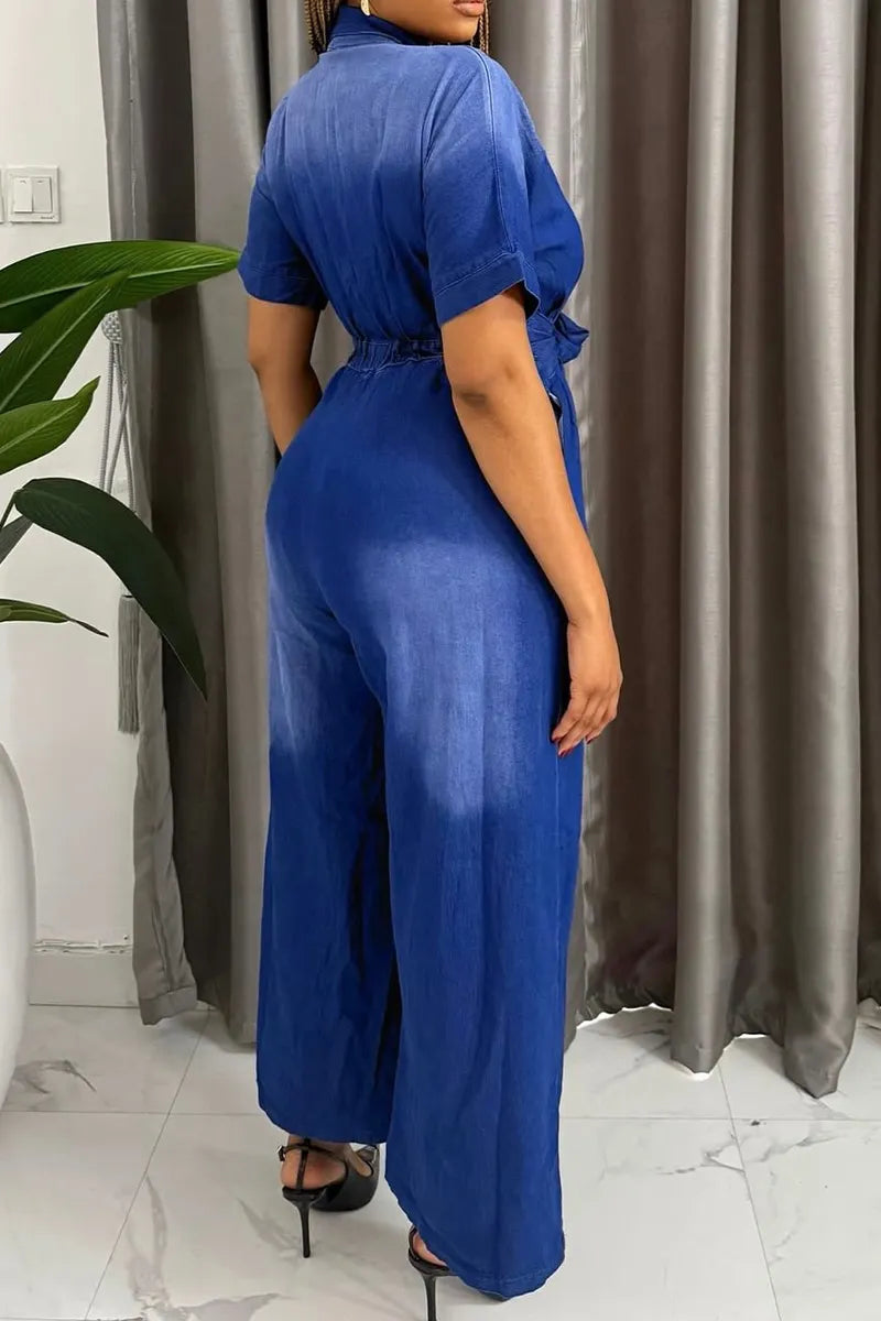 Women's  Casual Gradient Blue Lapel Short Sleeve Tie Waist Wide Leg Denim Jumpsuit