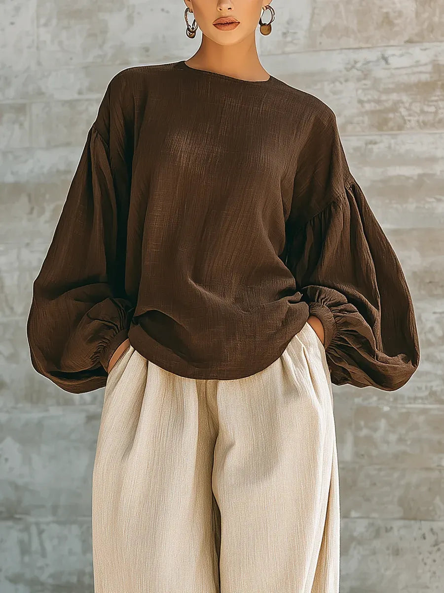 Women's Brown Long Sleeve Top and Wide Leg Pants Two Piece Set