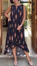 Black Sleeveless Geometric Print High-Low Dress