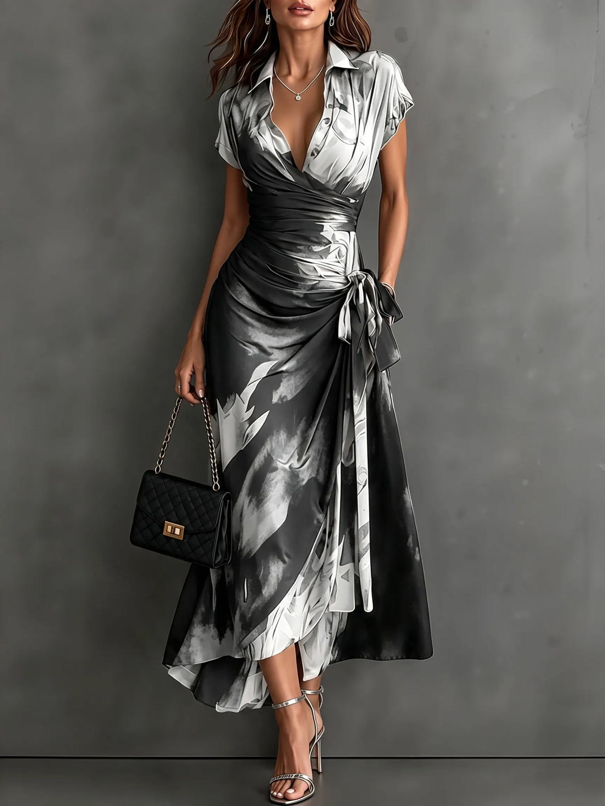 White Black Abstract Print Wrap Midi Dress Collared V Neck Short Sleeve Tie Waist Ruffled High‑Low Hem Dress