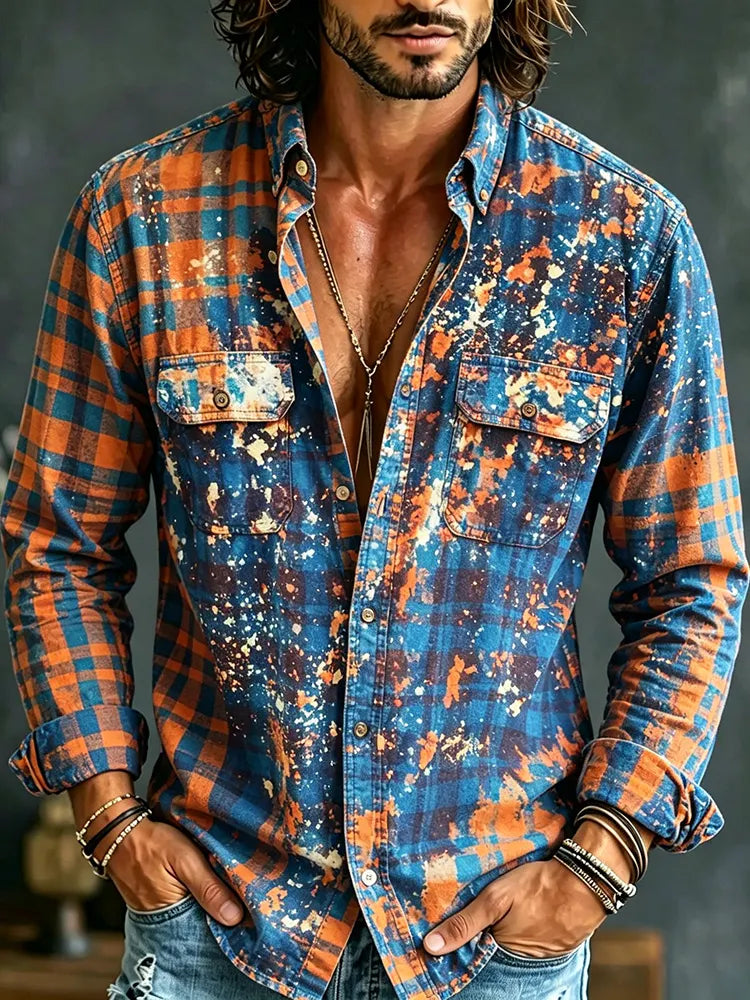 Men's Tie-dye Plaid Print Hippie Vacation Long-sleeved Shirt