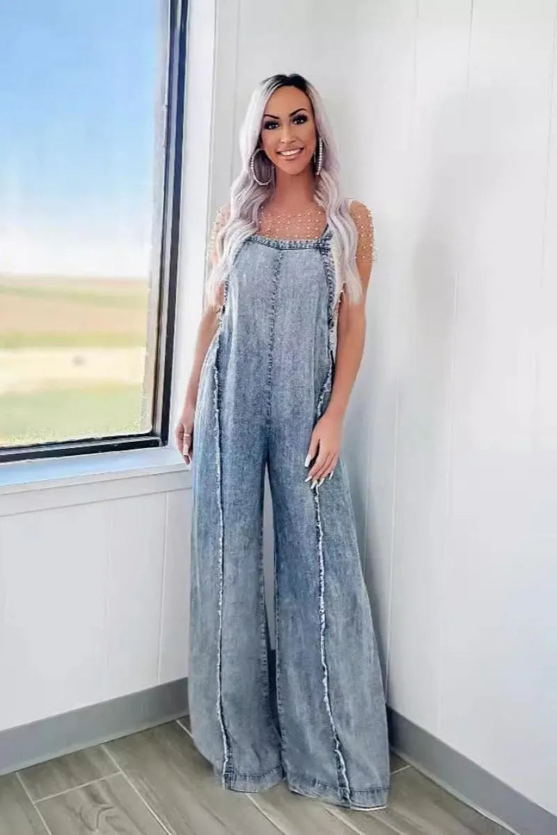 Denim Overalls for Women Casual Adjustable Straps Wide Leg Raw Hem Jeans Bib Overalls Jumpsuits