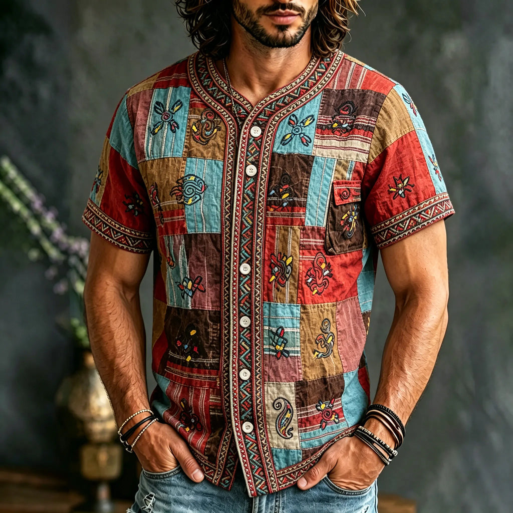 Men's Retro Hippie Patchwork Short-sleeve Cotton Linen Shirt
