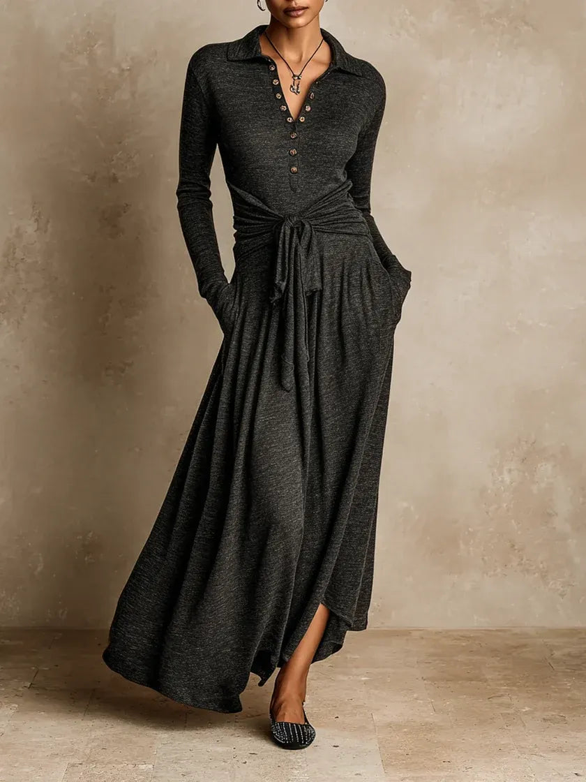 Dark grey Long Sleeve Tie‑Waist Elegant Maxi Dress