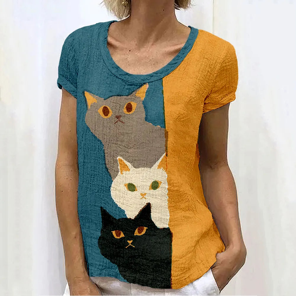 Cute Peeking Cats Pattern Linen Blend Cozy Shirt
