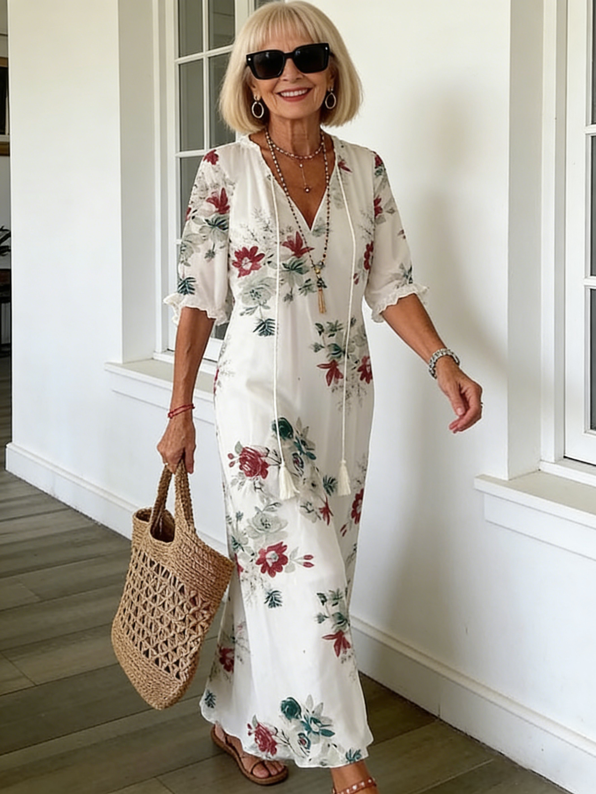 Half Sleeve Floral Print Summer Fall V Neck Casual Geometric Printed Dress