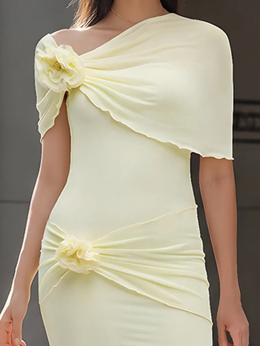 One-Shoulder Floral Draped Bodycon Maxi Dress