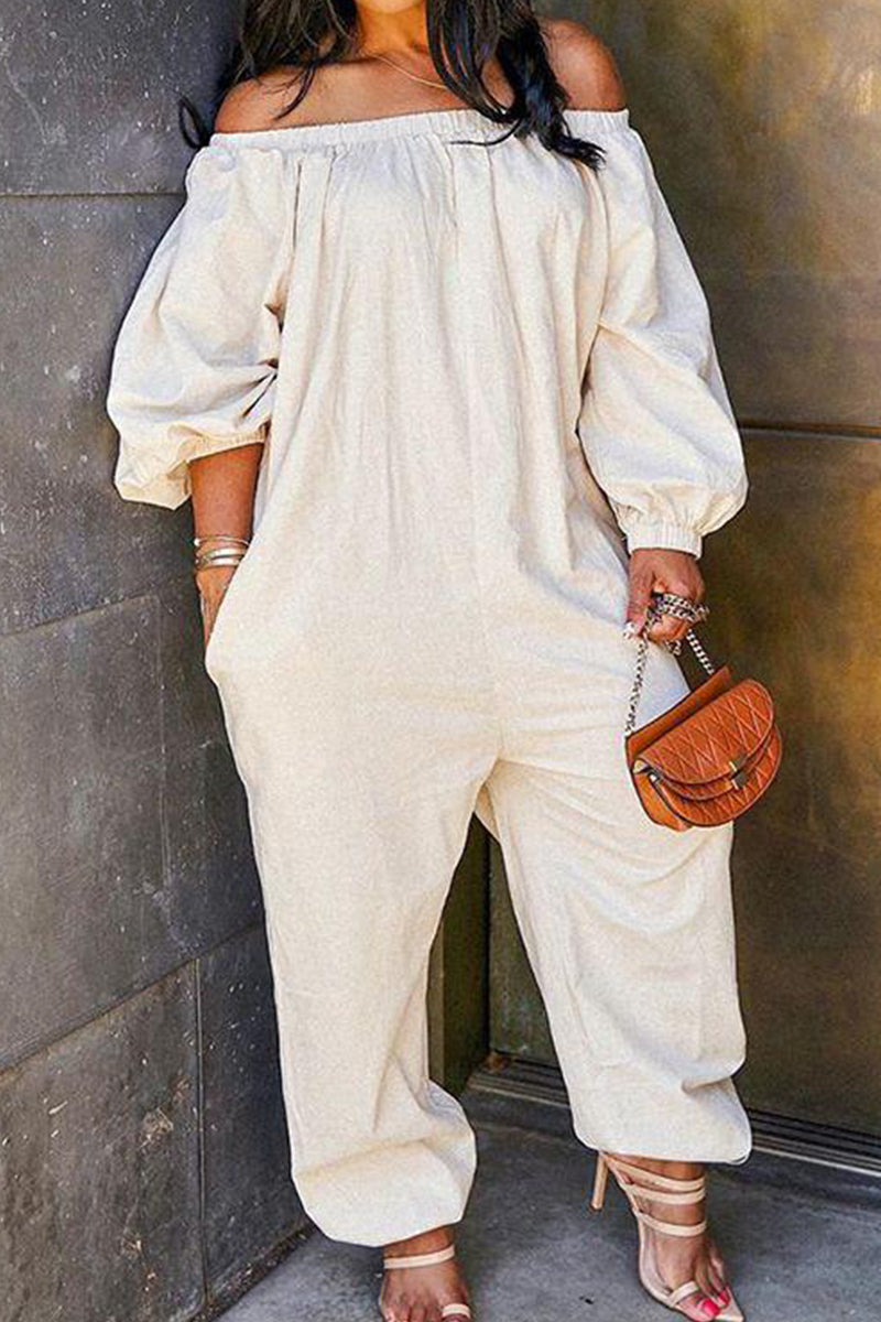 Women's Casual Off Shoulder Loose Fitting Wide Leg Jumpsuit With Pockets