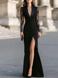 Black Tuxedo Lapel Lace-Sleeve High-Slit Evening Gown