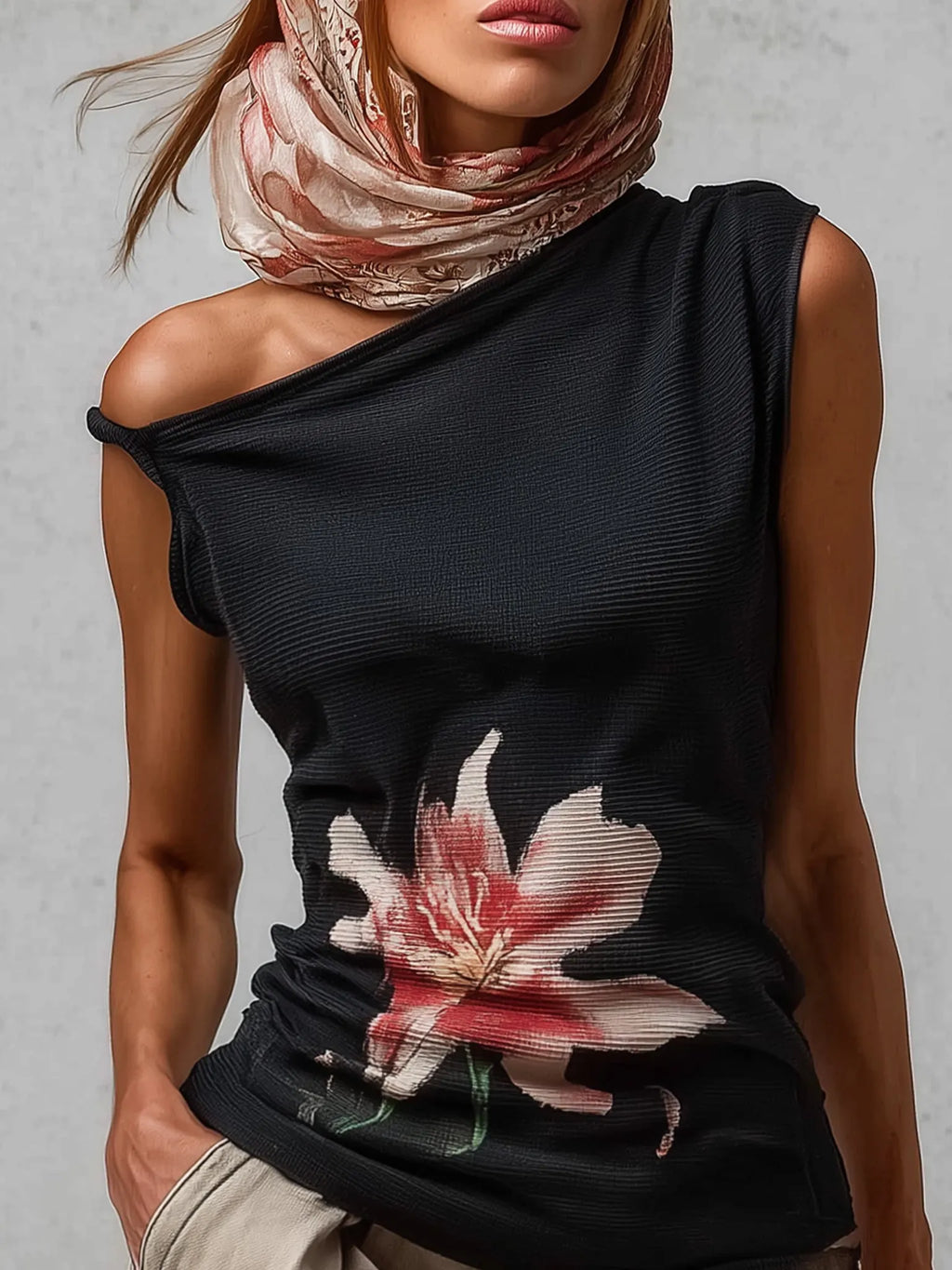 Black Asymmetric Sleeveless Floral Knit Top