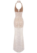 Halter Embellished Lace Maxi Dress Nude