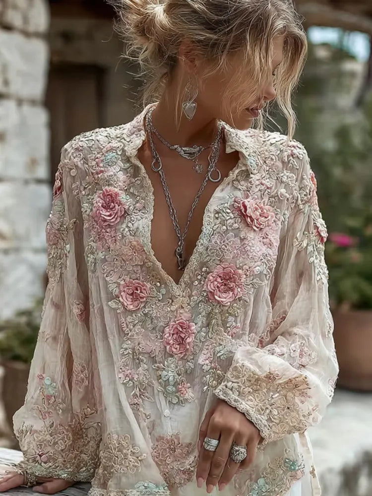Women's Pink Rose Embroidery Art V Neck Long Sleeve Linen Blend Blouse
