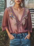 Elegant Gray Purple Floral Embroidery Half Sleeve Chiffon Shirt