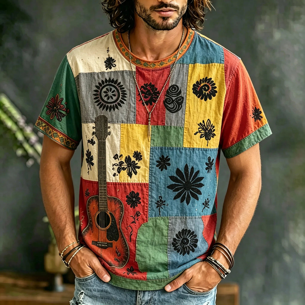 Men's Retro Hippie Patchwork Guitar Print T-shirt