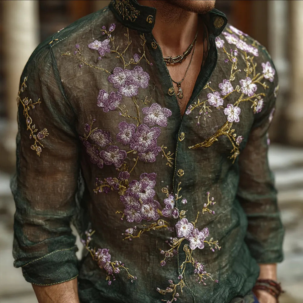 Bohemian Style Embroidered Flower Men's Long-sleeved Shirt