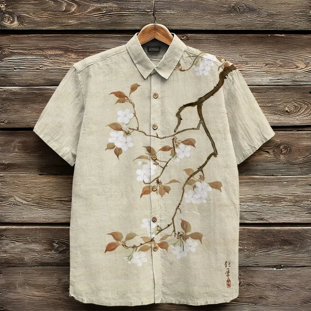 Retro Japanese Cherry Blossom Art Linen Shirt