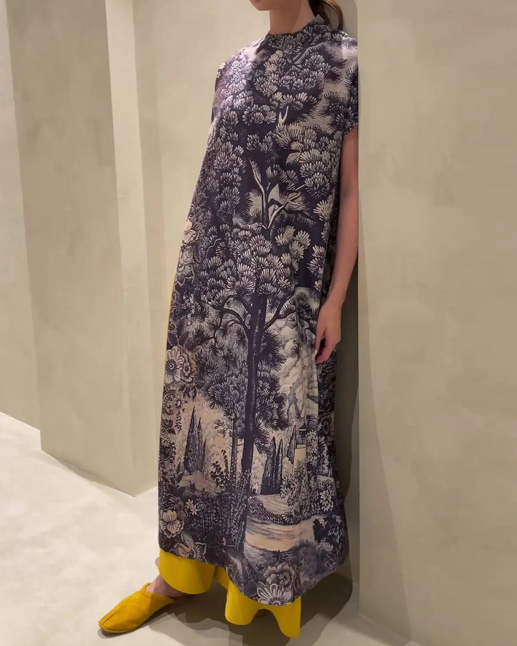 Navy Blue Printed Linen Long Dress And Pants Set