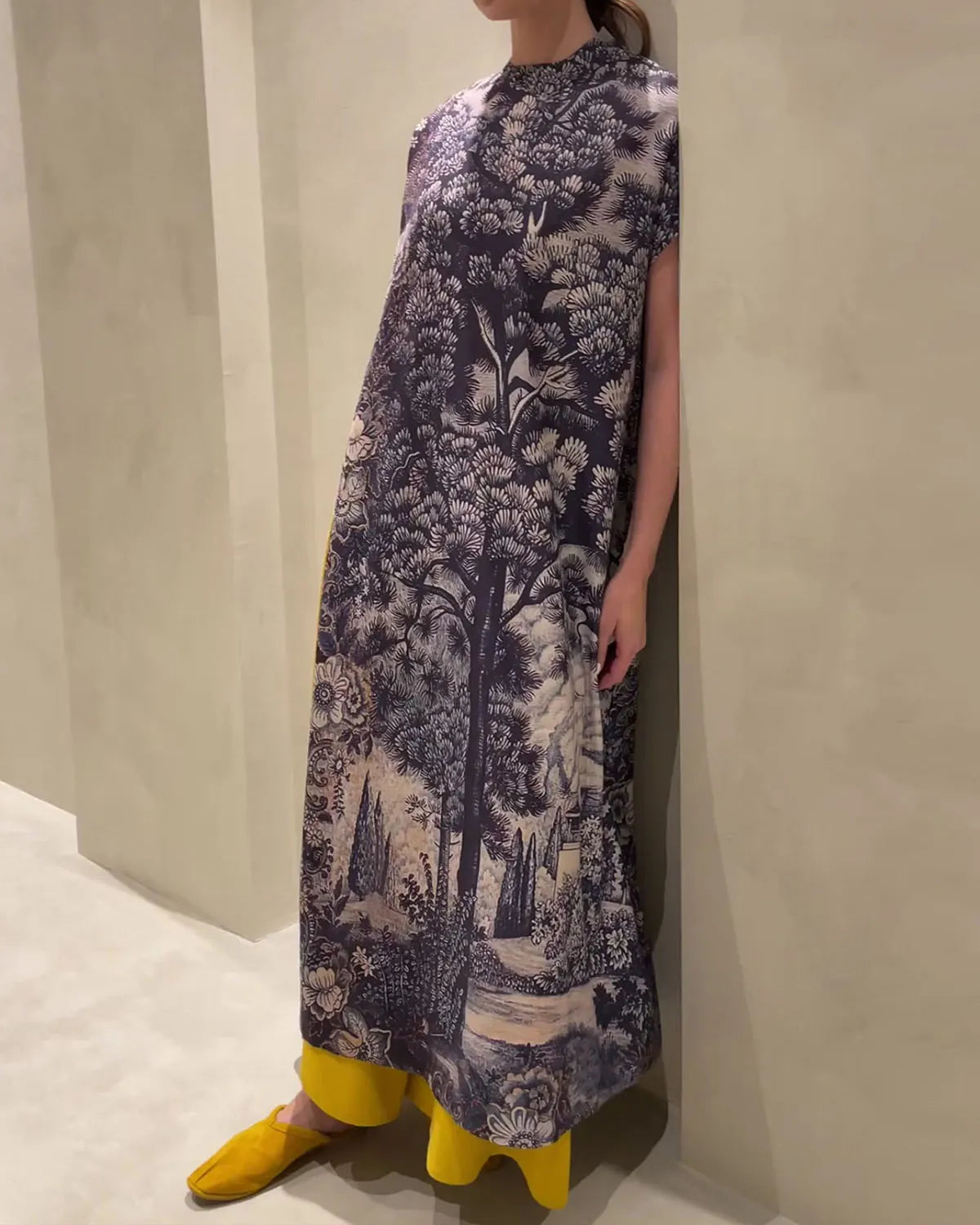 Navy Blue Printed Linen Long Dress And Pants Set