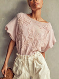 Pink Short Sleeve Floral Knit Sweater