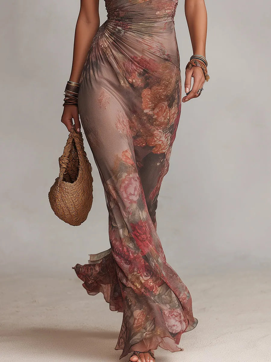 Oil Painting Print Single-Side Ruching Fishtail Hem Maxi Dress