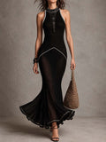 Vintage Elegant Black Sheer Ribbed Knit Halter Neck Mermaid Maxi Dress