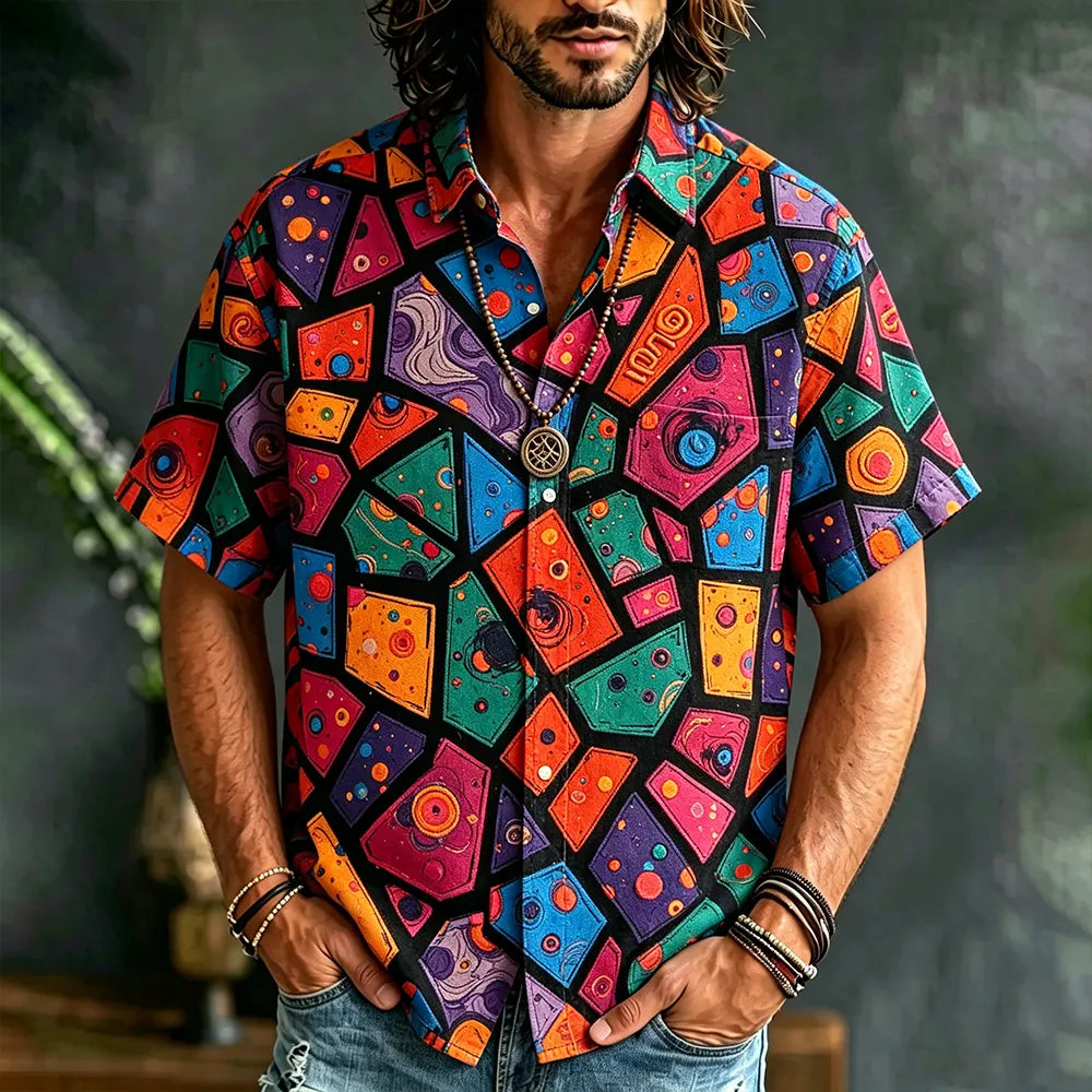 Retro Abstract Geometric Print Shirt Men Psychedelic Boho Short Sleeve Casual Camp Shirt