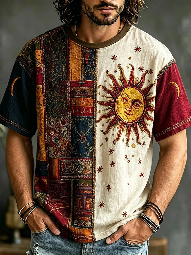 Men's Retro Hippie Style Sun And Ethnic Pattern Color Block Casual T-shirt