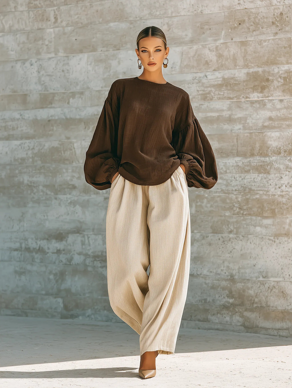 Women's Brown Long Sleeve Top and Wide Leg Pants Two Piece Set