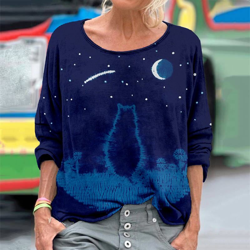 Lovely Cat Indigo Shibori Art Washed Cozy T Shirt