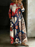 Women's Red Blue Hearts Art Print Lapel Collar Pleated Long Sleeve Casual Loose Denim Dress