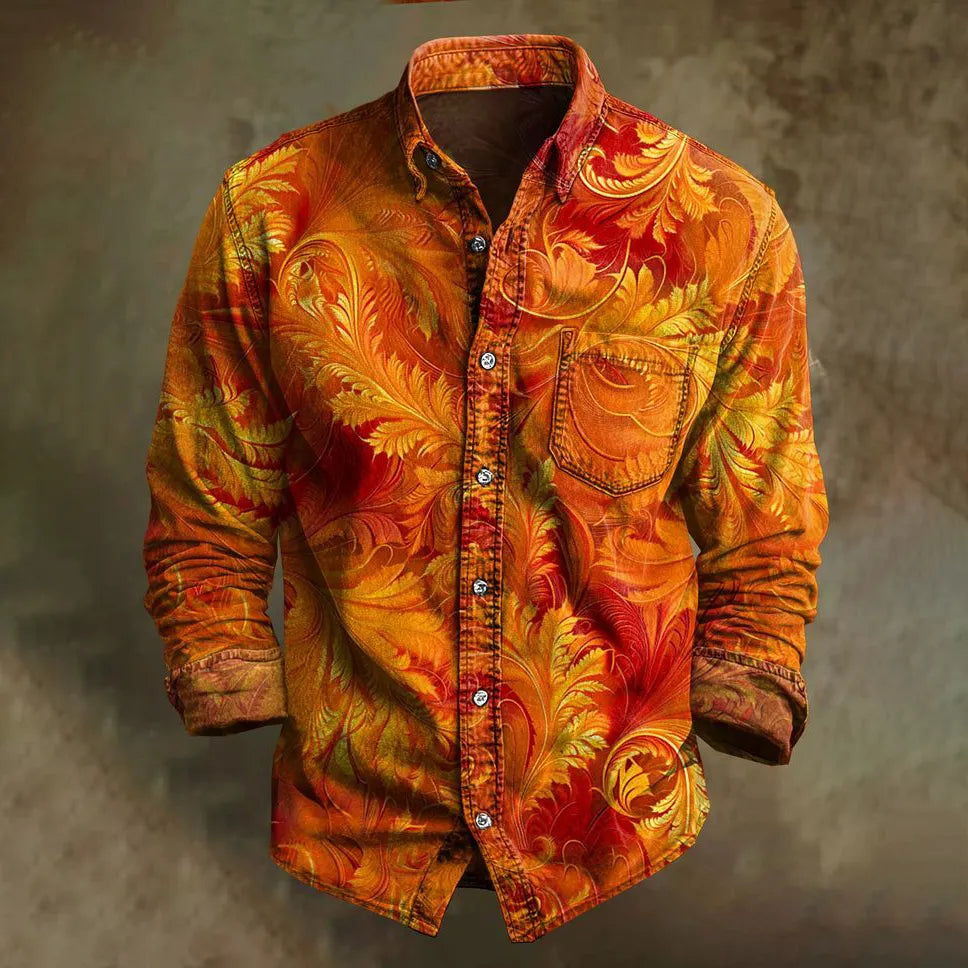 Men's Retro Ethnic Leaf Design Long-sleeved Cotton Linen Shirt