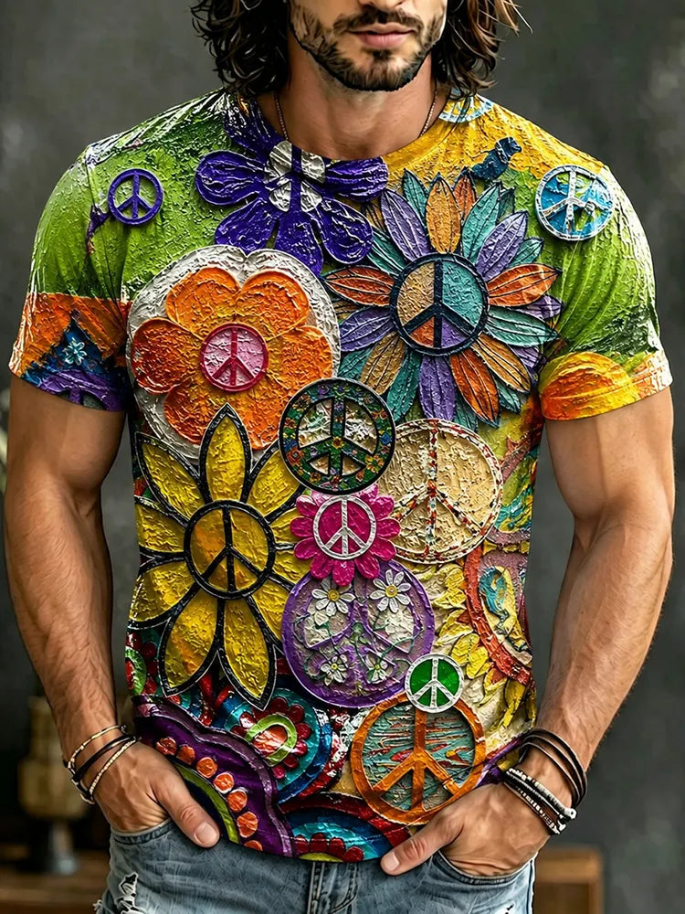 Men's Vintage Hippie Oil Painting Peace Flower Art Print Short Sleeve T-shirt