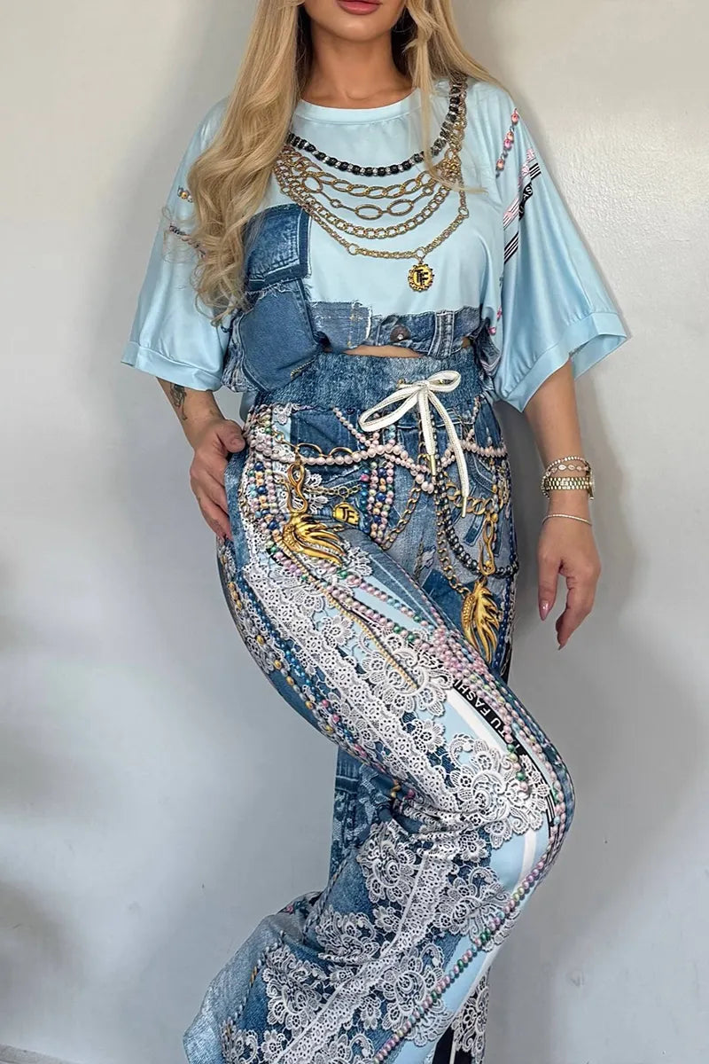 Women's Casual Pattern-Print Rhinestone T-Shirt Pants Set