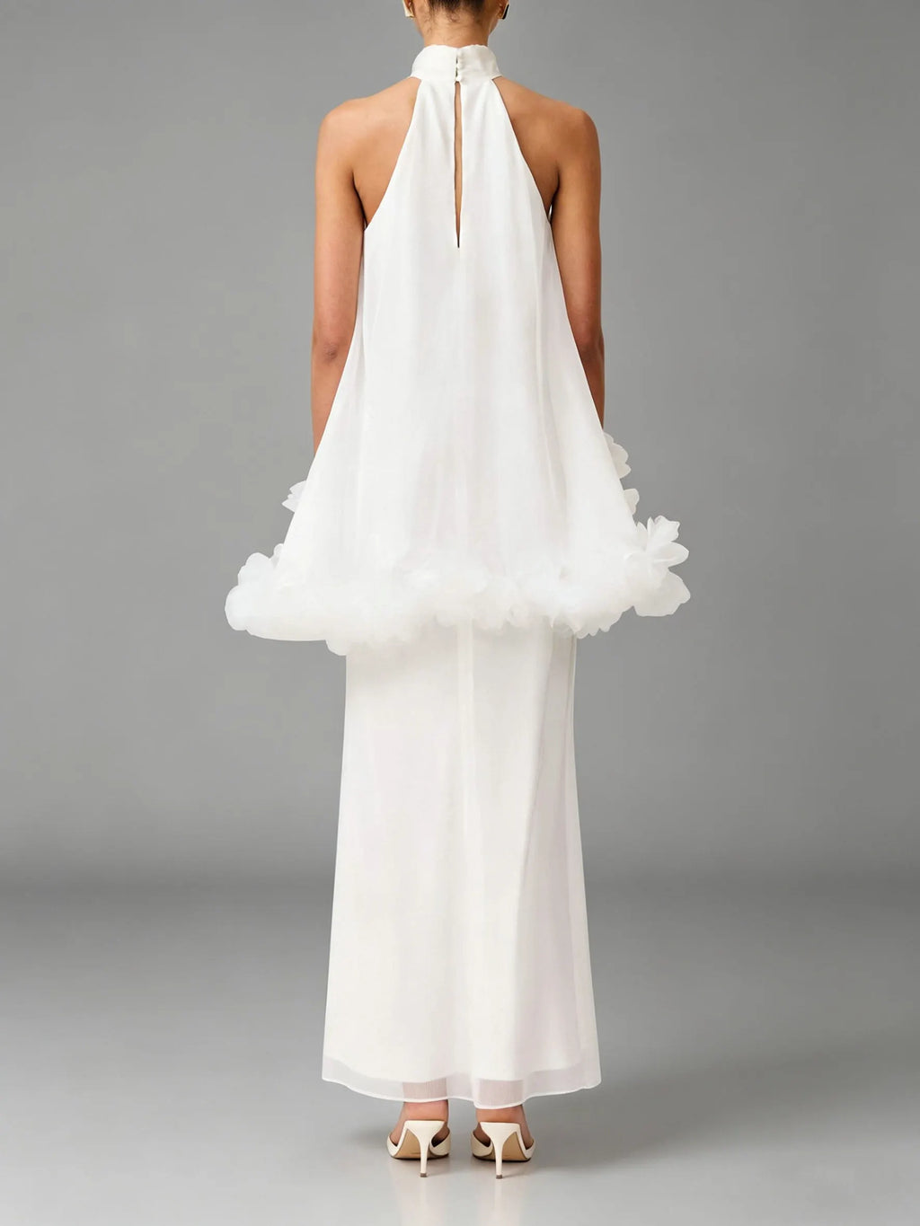 Clear Ruffled Floral Applied Chiffon Maxi Dress