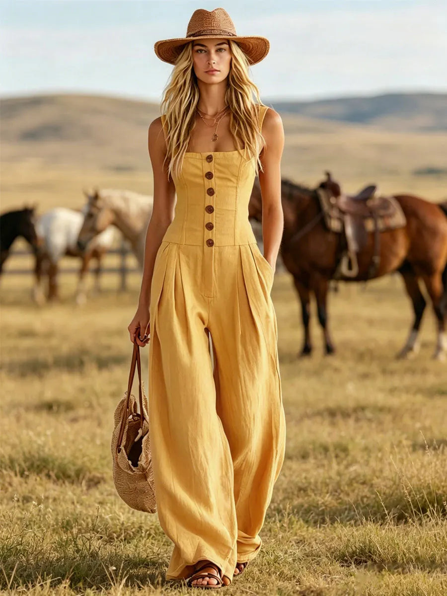Retro-style Wide-strap Single-breasted Cotton-linen Sleeveless Jumpsuit