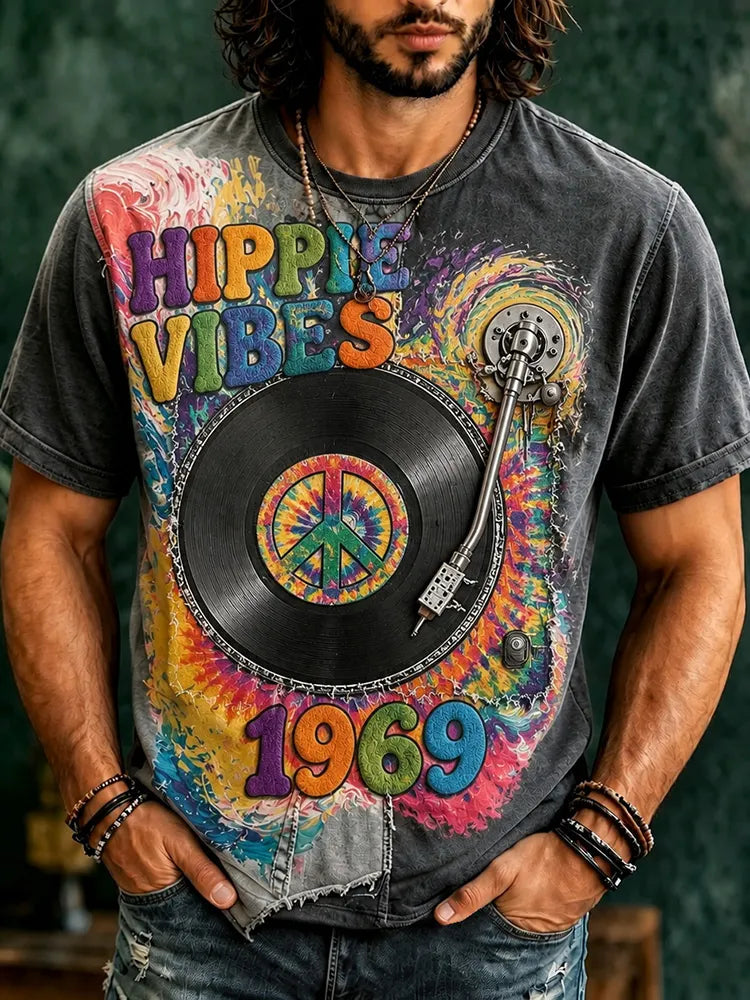 Men's Retro Hippie Vibes With Music Patchwork Art Short Sleeve  Washed T-shirt