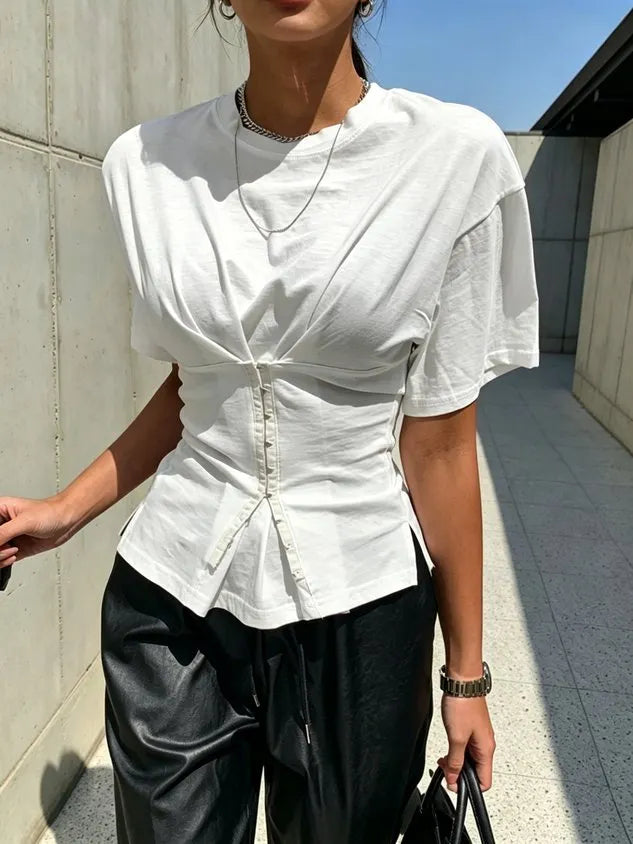 Casual Plain Button Detail T-shirt