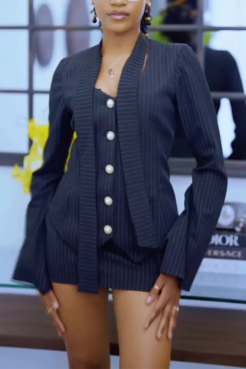 Women V-neck Breasted Vertical Stripe Jacket+ Half Skirt Temperament Commuting Formal Suit