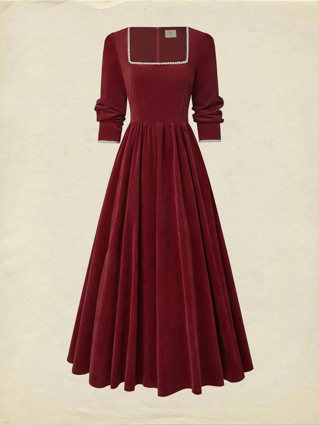 Maxi Cotton Dress, Half Sleeve, Square Neck, Plain, Pocket Design, Vintage, Red