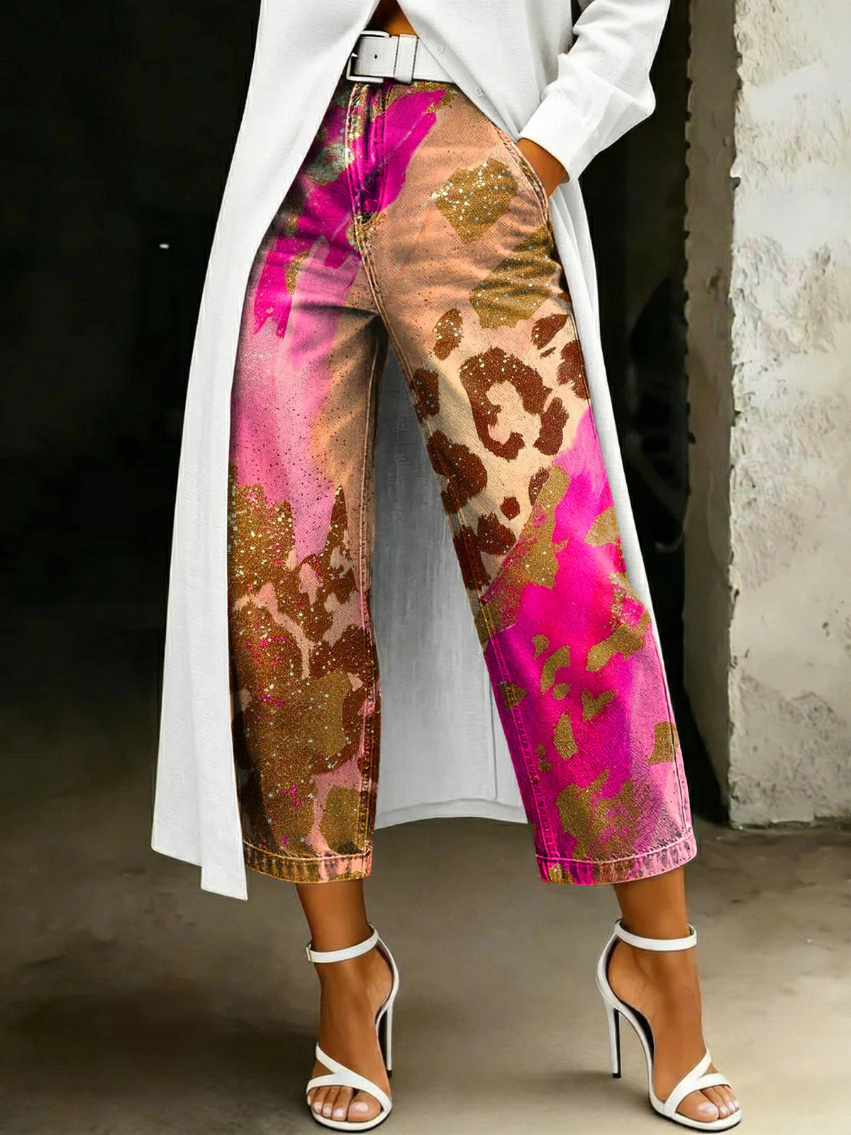 Women's Fashion Color Blocking Shimmering Leopard Print Artistic Print Relaxed-fit Wide-leg Jeans