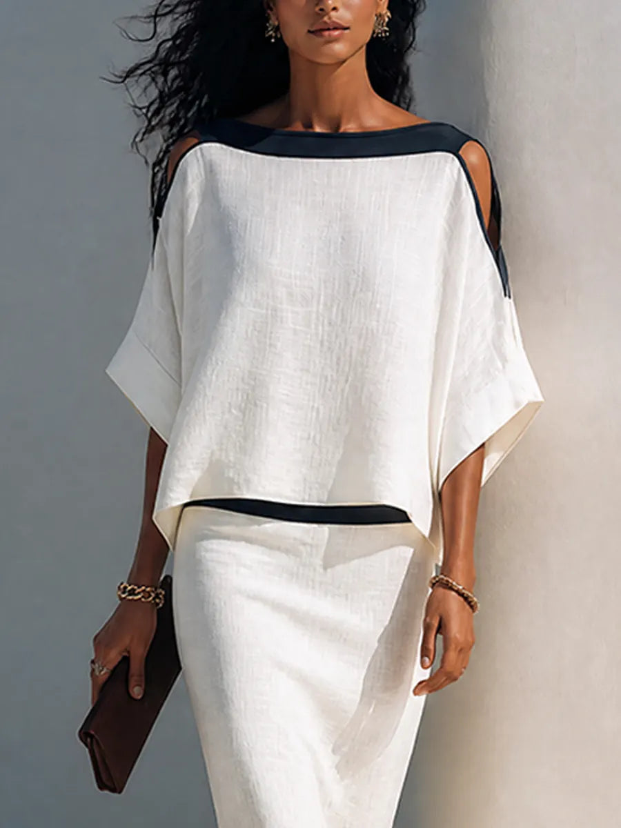 Women's Linen-Blend Batwing-Sleeve Top And Midi Skirt Two-Piece Set MDZ2993G0ZRK